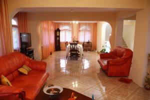 a living room with two leather couches and a table at Casa Monica in Baile Felix