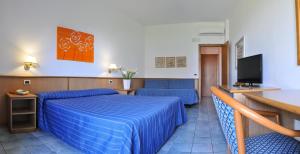 ディアマンテにあるHotel Riviera Bleuのベッドとテレビが備わるホテルルームです。
