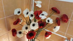 un bouquet de fleurs rouges et blanches dans un vase dans l'établissement Vila Calix, à Băile Govora