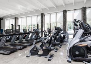 a gym with rows of treadmills and elliptical machines at Charlottehaven in Copenhagen