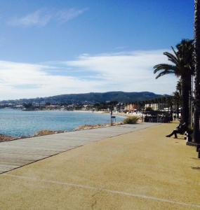 a sidewalk next to a beach with palm trees at Mer et Soleil in La Ciotat