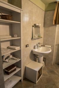 een badkamer met een wastafel, een toilet en planken bij B&B Il Mirtillo in Moncrivello
