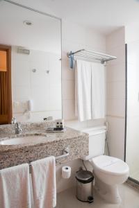 ein Badezimmer mit einem WC, einem Waschbecken und einem Spiegel in der Unterkunft Plaza Barra First in Rio de Janeiro