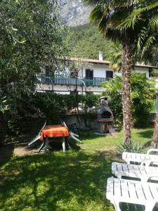 a picnic table and chairs in a yard with a palm tree at Residence Mezzosole in Riva del Garda