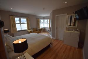 1 dormitorio con 1 cama grande y TV en Aaranmore Lodge Guest House, en Portrush