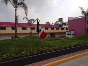 a flag in front of a pink building at Hotel & Villas 7 in Mexico City