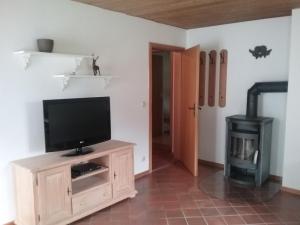 a living room with a television on a wooden cabinet at Almwohnung Neuner in Walchensee
