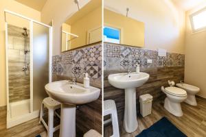 two pictures of a bathroom with two sinks and a toilet at B&B Medusa in Santa Flavia