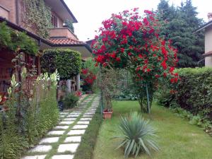 un jardín con flores rojas y un árbol en B&B Les Fleurettes, en Lomazzo