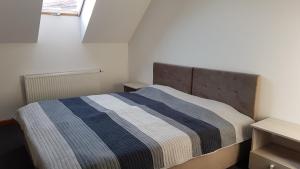 ミコワイキにあるApartament 4 osobowy z tarasem Zełwągi 15のベッド(青と白のストライプ毛布付) +12枚の写真