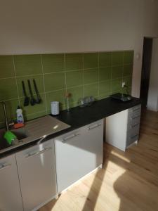 a kitchen with a sink and a counter top at Kaktus Guest House in Katowice
