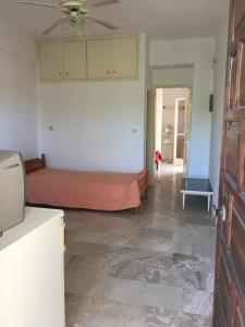 a bedroom with a bed and a ceiling fan at Antonia's Apartments-Traditional house next to the beach in Valimítika