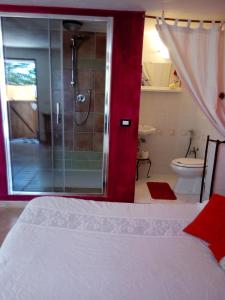 a bathroom with a shower and a bed in a room at Bed & Relax Sinestesia in Precicchie