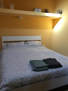 トリエステにあるMansarda San Maurizioのベッドルーム1室(ベッド1台、ブラックタオル付)