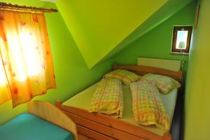 a green bedroom with a bed with a green ceiling at Apartmá u Hovorků in Županovice