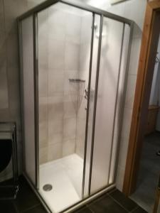 ミッタージルにあるMosenbauer Ferienwohnung Salzburgのバスルーム(ガラス張りのシャワー付)が備わります。