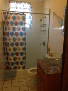 een badkamer met een douche, een wastafel en een toilet bij Sueños del Mar in Fajardo