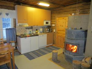 una cucina con stufa a legna in una camera di Myllyn Pirtti Cottage a Naamijoki