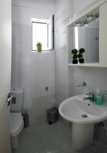 W łazience znajduje się umywalka, toaleta i lustro. w obiekcie Lalezas Studios w mieście Tolo