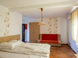 1 dormitorio con 1 cama y 1 silla roja en Vulturul Pescar, en Maliuc