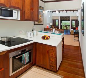 a kitchen with a stove top oven next to a living room at Santosha Barbados in Saint Andrew