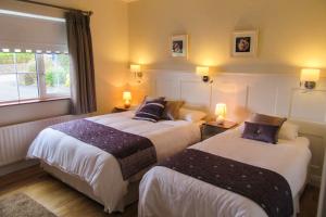two beds in a hotel room with two lamps at Doonshean View Bed and Breakfast in Dingle