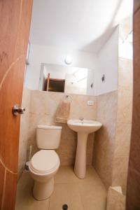 La petite salle de bains est pourvue de toilettes et d'un lavabo. dans l'établissement Apartment & Rooms Cusco, à Cusco