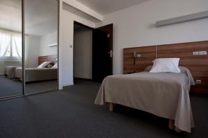 1 dormitorio con cama y espejo en Logis Hôtel Restaurant L'Europe, en Marvejols