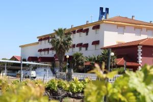 un bâtiment avec un palmier en face dans l'établissement Hotel Acosta Ciudad de la Música, à Villafranca de los Barros