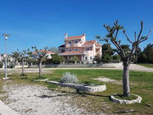 a large house with a tree in a yard at Apartmani Lorena in Privlaka