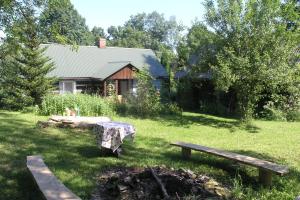 a yard with a picnic table and a house at Niebieska Chatka in Sąsiadka