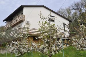 una casa blanca con árboles delante de ella en Apartma BAJČI, en Ajdovščina