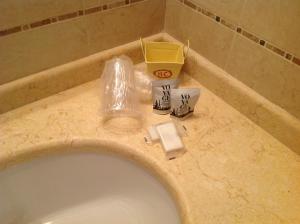 a bathroom counter with a sink in a bathroom at Hotel Corallo in Torre Santa Sabina