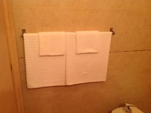 two towels are hanging on a towel rack in a bathroom at Hotel Corallo in Torre Santa Sabina