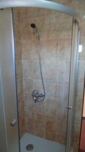 a shower with a glass door in a bathroom at Vila Thetis in Mamaia Nord
