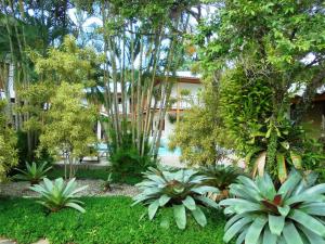 um jardim com árvores e plantas em frente a um edifício em Pousada Náutilus em Ilhabela