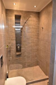 uma casa de banho com uma cabina de duche em vidro e um WC. em Athens Riviera Loft em Atenas