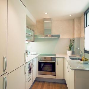 una cucina con armadietti bianchi ed elettrodomestici in acciaio inossidabile di Apartamentos la Torreta del Llac a Puigcerdà