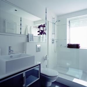 e bagno con lavandino, servizi igienici e doccia. di Apartamentos la Torreta del Llac a Puigcerdà