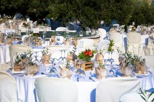 ネア・スキオニにあるKtima Delmare Pantazaraの白い椅子と植物が飾られた結婚式用のテーブル