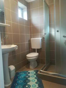 y baño con aseo, lavabo y ducha. en Apartment M&M en Pačir