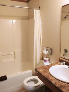 a bathroom with a white toilet and a sink at Sundown Motel in Watrous