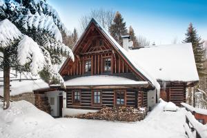 a log home in the snow with snow covered trees at Balada horská chata in Bedřichov