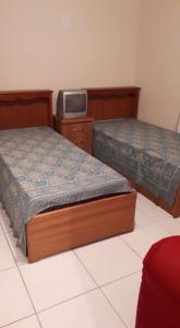 duas camas num quarto com uma televisão sobre uma mesa em Apartamento Federal em São Lourenço