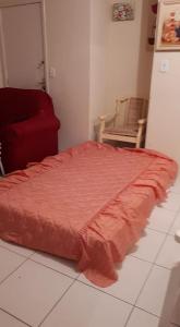 a bed with a red comforter in a room at Apartamento Federal in São Lourenço