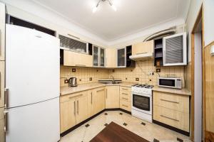 リヴィウにあるFULL HOUSE апартаменти на Площі Ринокのキッチン(木製キャビネット、白い冷蔵庫付)