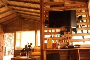 a living room with a flat screen tv on a wooden wall at La Finestra Spa Hotel Boutique in La Vega
