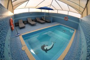 an overhead view of a swimming pool with a man in a mermaid swimming at Garden Plaza Hotel in Al Hofuf