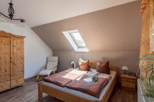 a bedroom with a bed and a skylight at Ferienwohnung Hetzdorf - Urlaub am Tharandter Wald in Hetzdorf