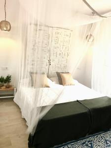 a bedroom with a bed with mosquito netting at Cabaña Cala Saona in Sant Francesc Xavier